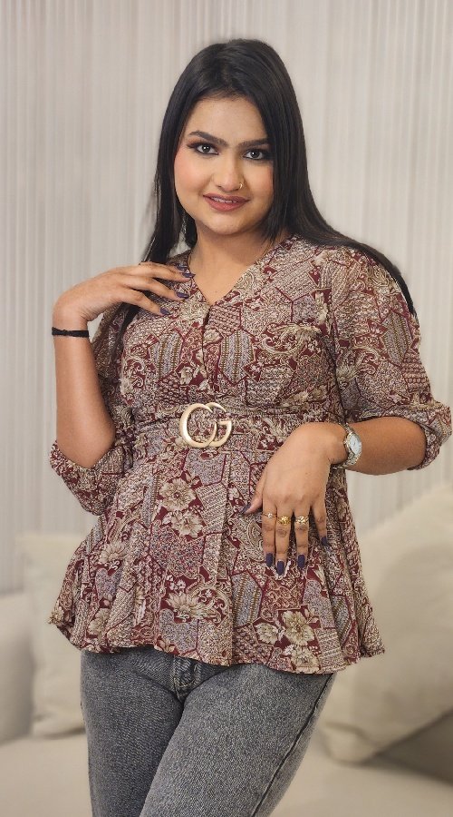 Print Extended Sleeves Cotton Peplum with attached Belt Top