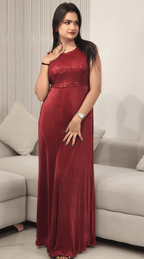 Maroon & Black Sequin Embroidered Self Design Round Neck Gathered Detailed Maxi Dress