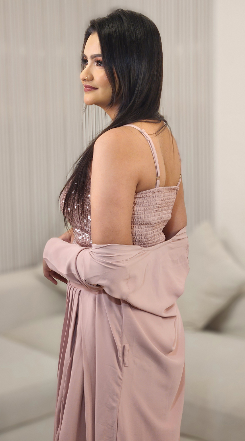 Rose Gold Sequin Embroidered Crepe Crop Top Set With Jacket