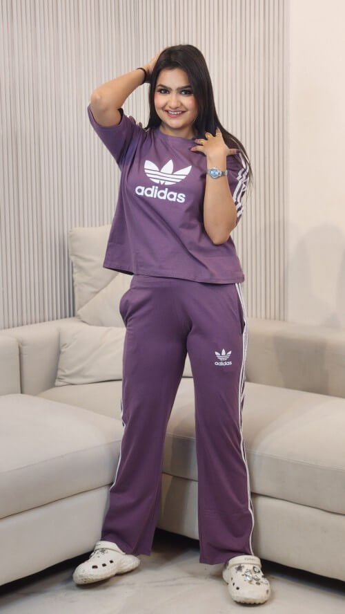 Women ADIDAS Striped Purple Track Pant Suit Set
