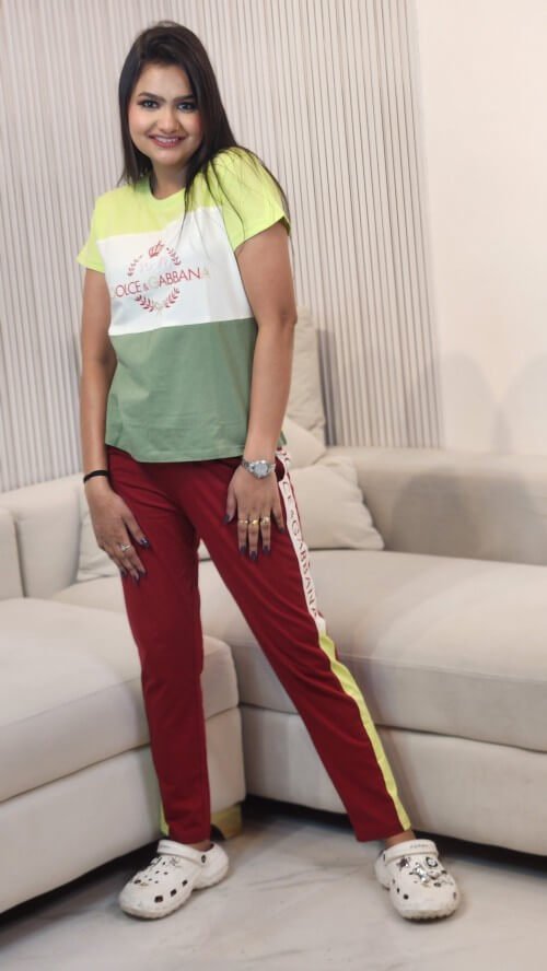 Women Printed Top Paired With The Solid Night Suit Set