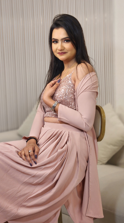 Rose Gold Sequin Embroidered Crepe Crop Top Set With Jacket