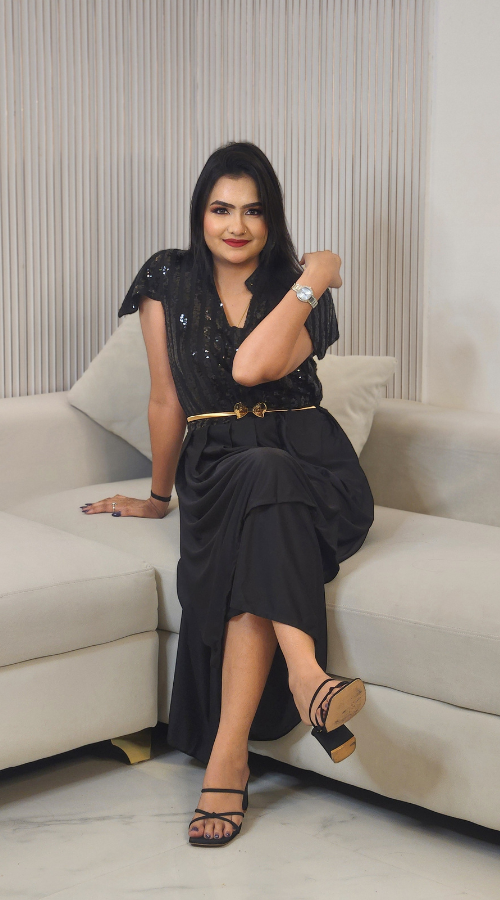 Maroon & Black Sequin Embroidered Self Design Round Neck Gathered Detailed Maxi Dress