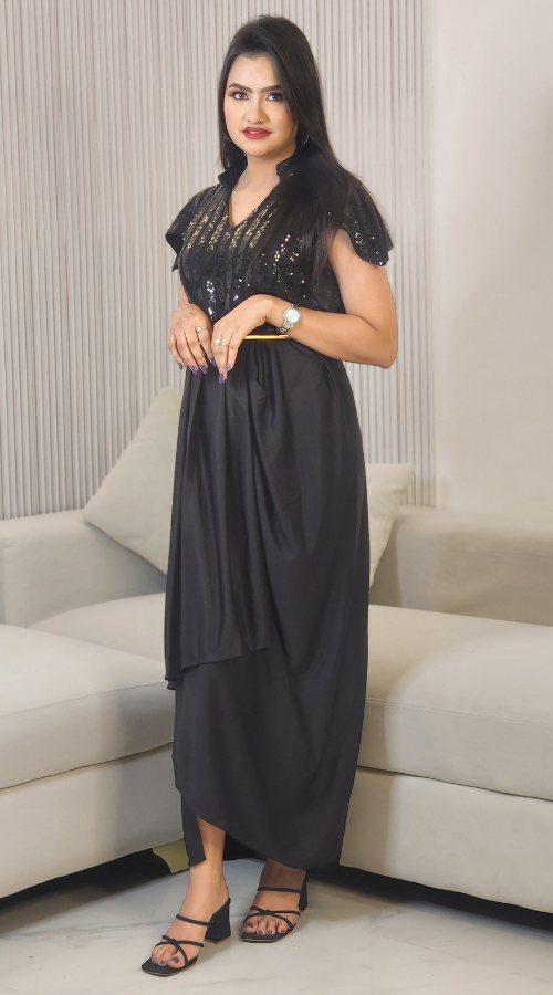 Maroon & Black Sequin Embroidered Self Design Round Neck Gathered Detailed Maxi Dress