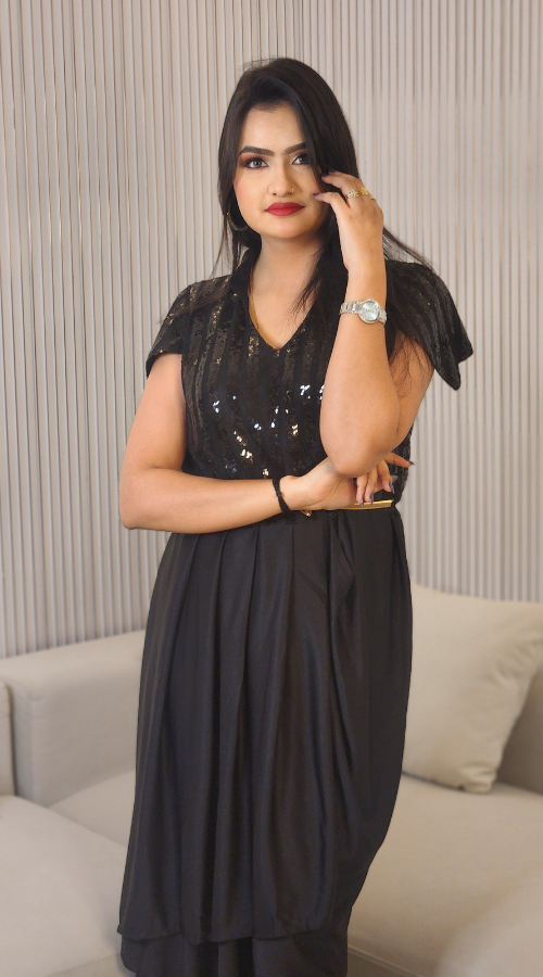 Maroon & Black Sequin Embroidered Self Design Round Neck Gathered Detailed Maxi Dress