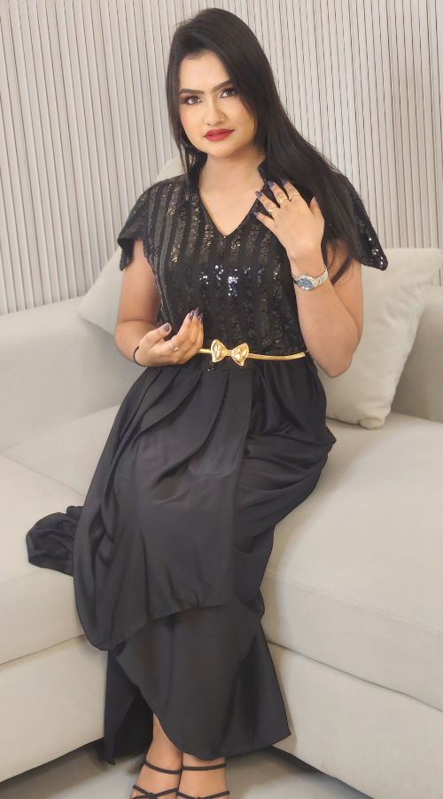 Maroon & Black Sequin Embroidered Self Design Round Neck Gathered Detailed Maxi Dress