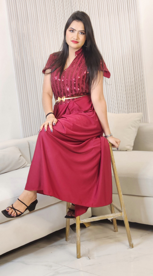 Maroon & Black Sequin Embroidered Self Design Round Neck Gathered Detailed Maxi Dress