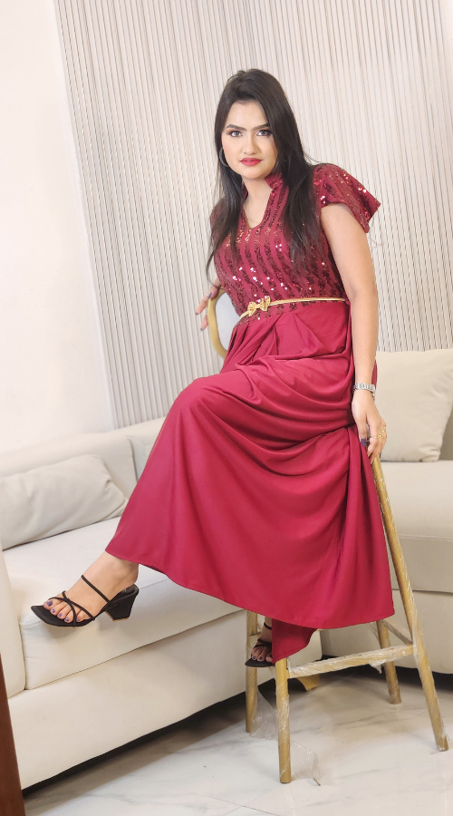 Maroon & Black Sequin Embroidered Self Design Round Neck Gathered Detailed Maxi Dress