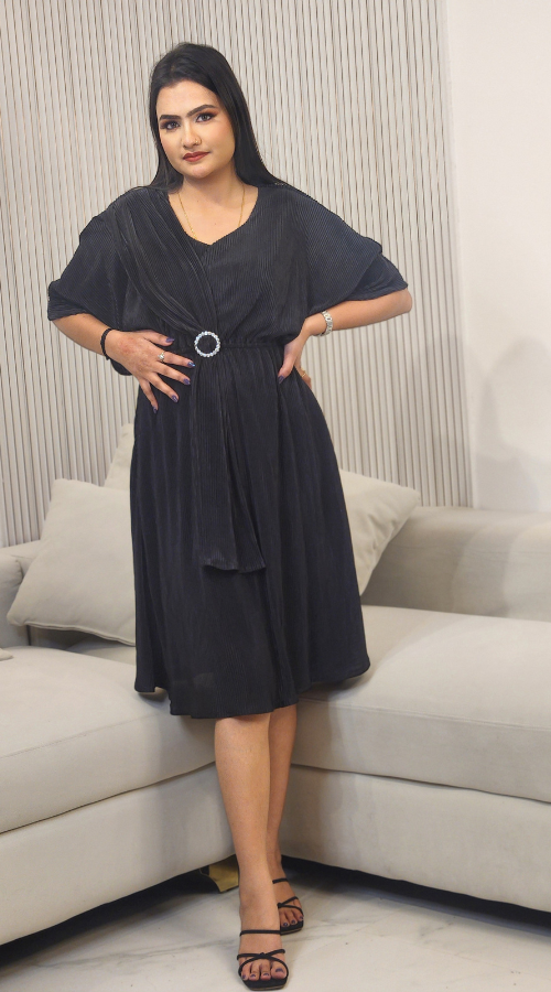 Solid Wrinkle Design Fit & Flare Dress