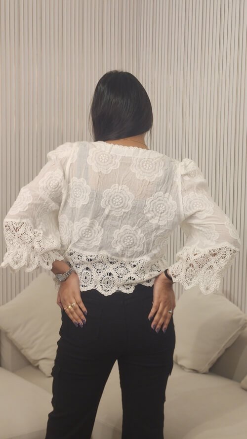 Women’s Button Down Shirt Floral Hallow Out Sheer Mesh Top Blouse