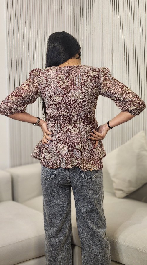 Print Extended Sleeves Cotton Peplum with attached Belt Top