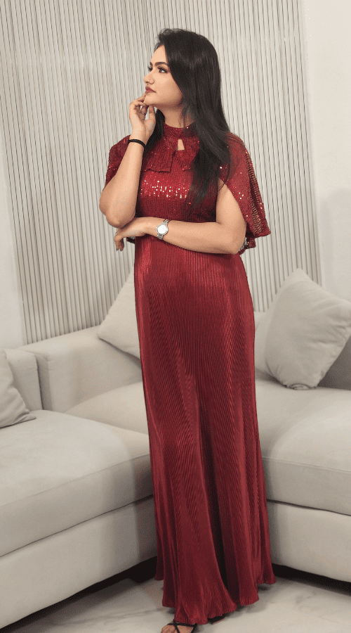 Maroon & Black Sequin Embroidered Self Design Round Neck Gathered Detailed Maxi Dress