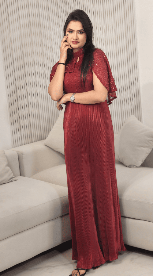 Maroon & Black Sequin Embroidered Self Design Round Neck Gathered Detailed Maxi Dress