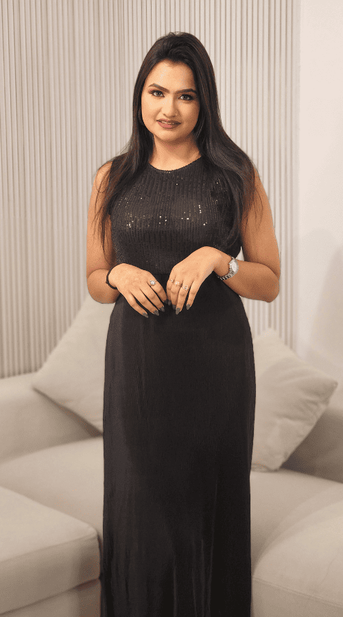 Maroon & Black Sequin Embroidered Self Design Round Neck Gathered Detailed Maxi Dress