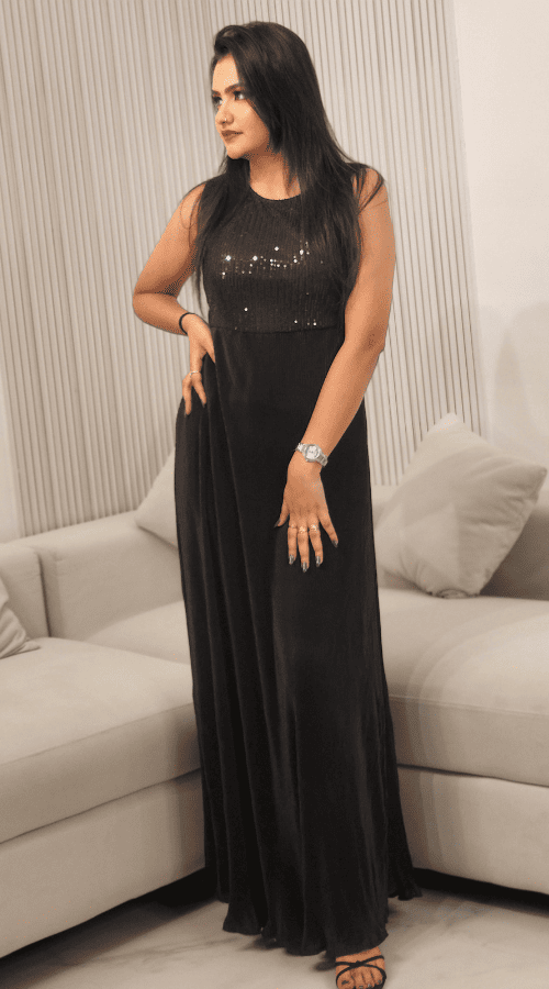 Maroon & Black Sequin Embroidered Self Design Round Neck Gathered Detailed Maxi Dress