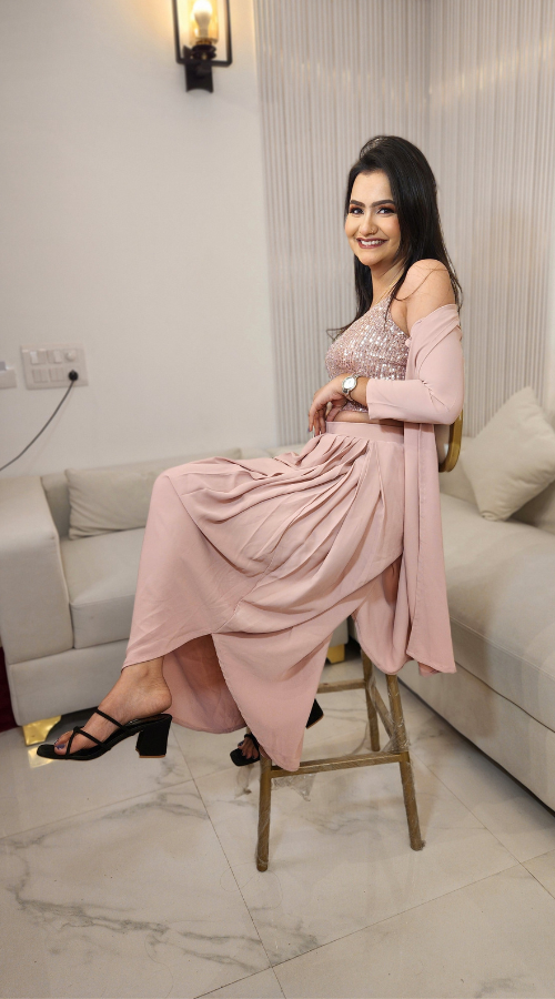 Rose Gold Sequin Embroidered Crepe Crop Top Set With Jacket