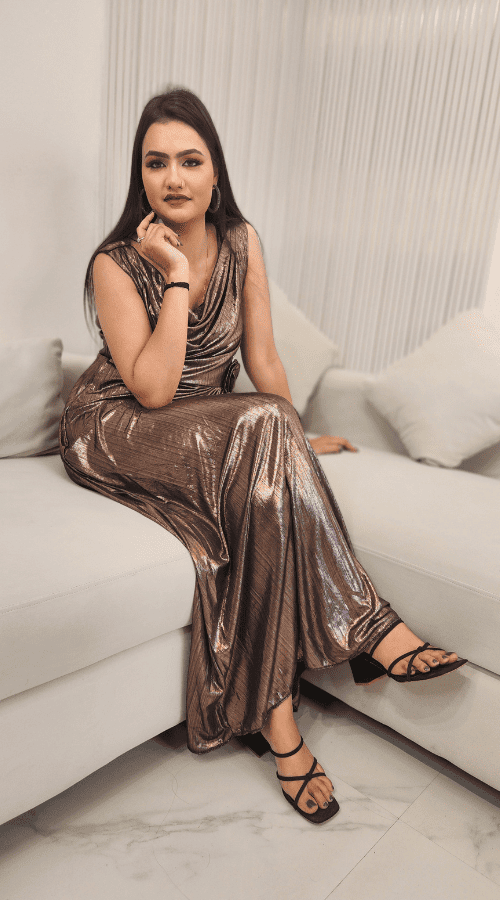 Women Shiny Cowl Neck Knitted Fit & Flare Dress