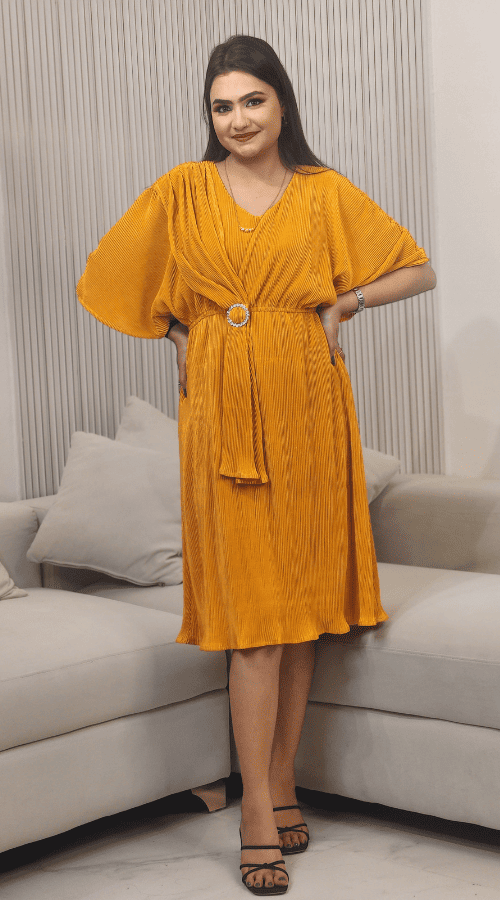 Solid Wrinkle Design Fit & Flare Dress