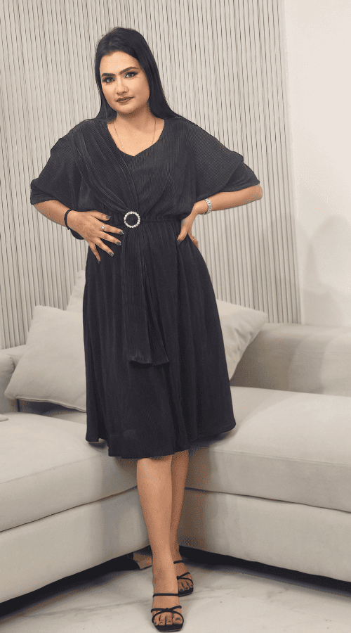 Solid Wrinkle Design Fit & Flare Dress