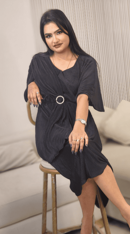 Solid Wrinkle Design Fit & Flare Dress