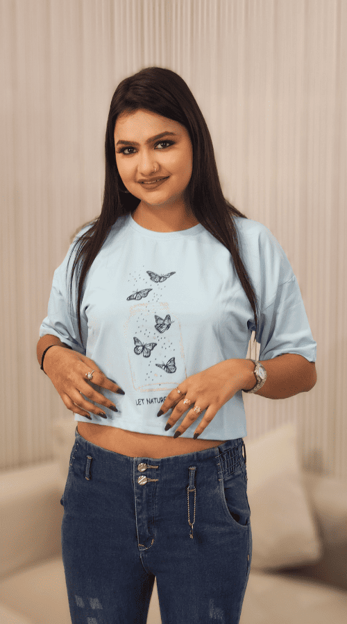 Printed Round Neck Pure Cotton Crop Top