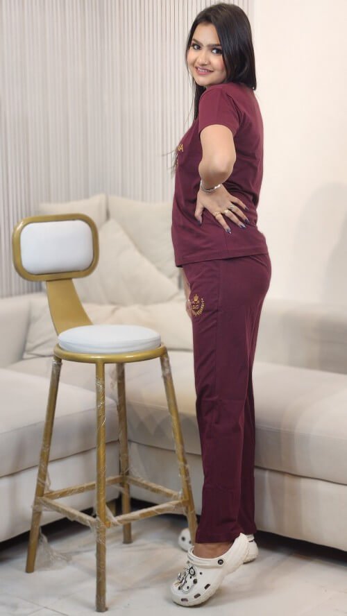 Women Printed Top Paired With The Solid Night Suit Setage contain