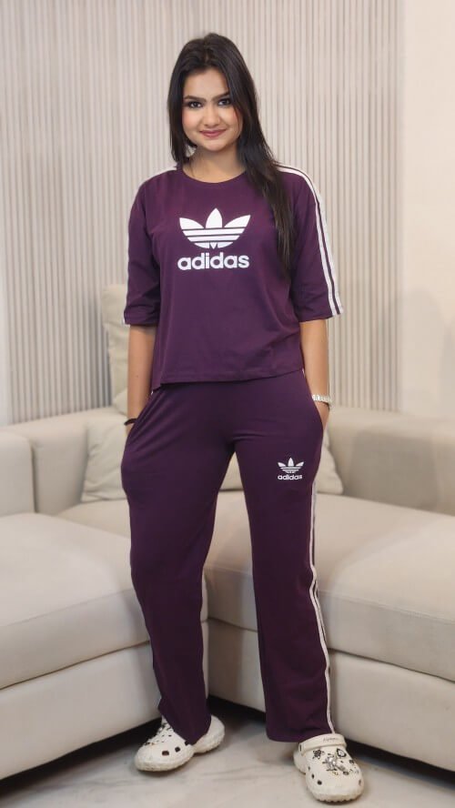 Women ADIDAS Striped Purple Track Pant Suit Set