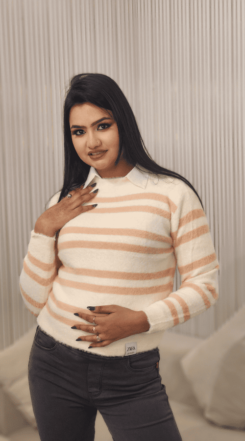 Women Striped round neck pink Top